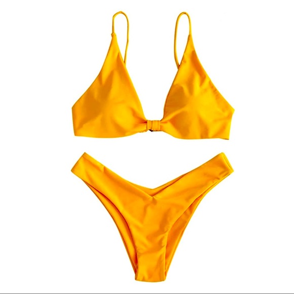 ZAFUL Women's Tie Knot Front Spaghetti Strap High Cut Bikini Set Swimsuit